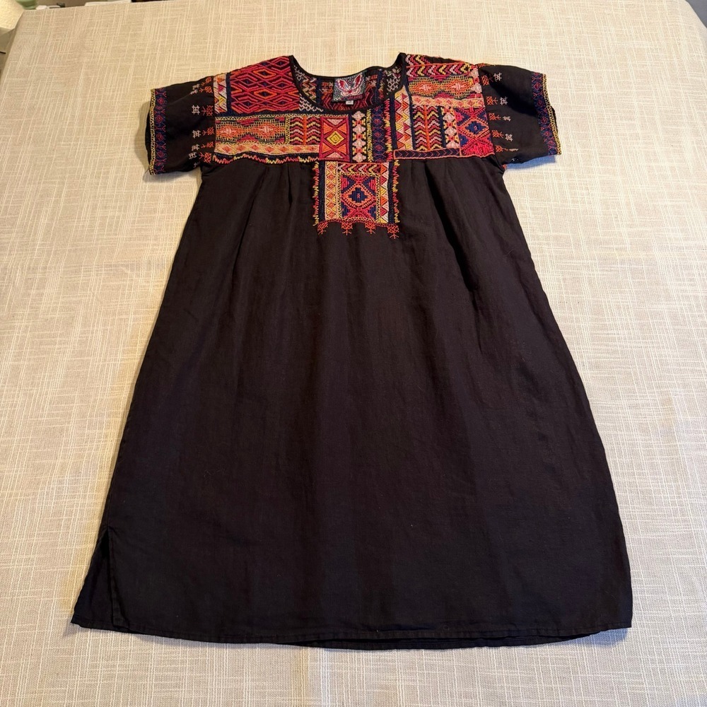 Johnny Was Black Linen Embroidered Boho Shift Dress J20517-5 Women Medium Multi